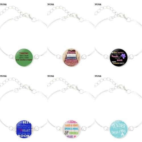 Mendittorosa Silver Plated Jewelry With Glass Cabochon Bracelet Bangle For Women Gift Letter of Teacher