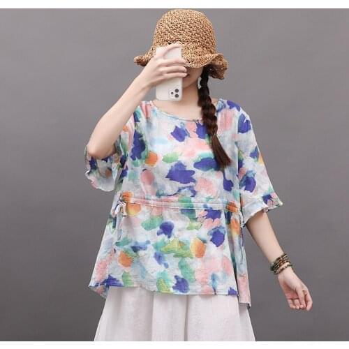 Flare Sleeve Drawstring Fashion Women Tops Casual T Shirts Thin Soft Cotton Linen Loose Summer T-shirt All-match Vintage tshirt