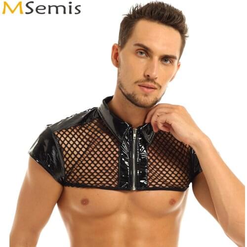 Men Fashion Shoulder Chest Harness Shirt Tops Sexy Hollow Out Fishnet Sheer Leather Tanks Clubwear Rave Zipper Mini Vest Costume
