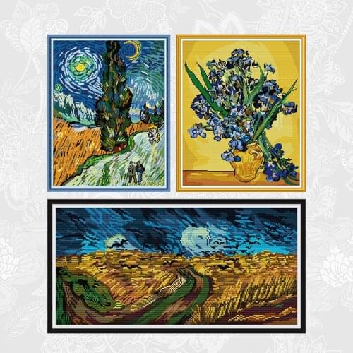 Van Gogh-Still Life with Iris Cross Stitch Kits 14ct 11ct Printed Fabric Embroidery Road with Cypress DIY Handmade Needlework