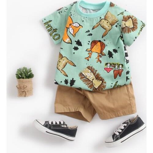 New baby clothes Korean childrens clothing baby boy animal print short sleeve T-shirt + shorts two piece set summer baby0-3