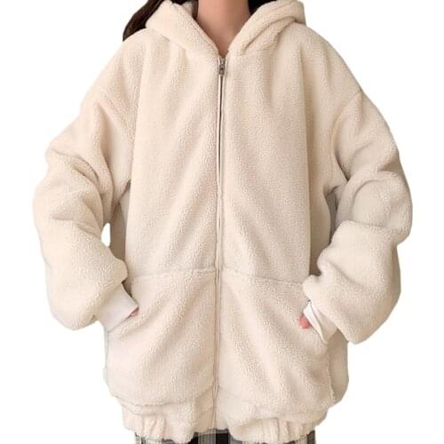 Winter New Product Lamb Wool Long Sleeves Keep Warm Women Hoodie Girl Sweatshirt Zipper Harajuku Cute Bear Ears Coat Female 2021