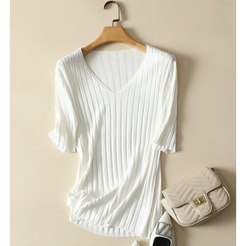 Solid Knitted Women T-Shirts Summer New 2021 V-Neck Short-SLeeved Elastic Elegant Female Pulls Outwear Tops Tees
