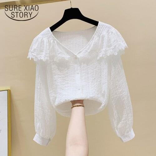 Autumn New Korean Loose All-match Sweet Lace Blouse Women V-neck Long Sleeve Simple White Tops Cardigan Chemisier Femme 11235