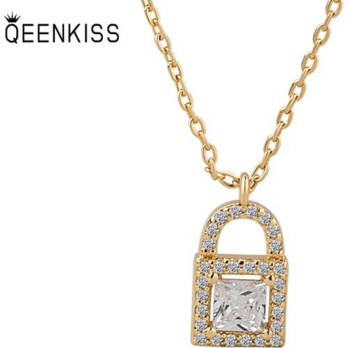 QUEENKISS NC631 Fion Jewelry Wholesale Fashion Lady Girl Birthday Wedding AAA Zircon Square Lock 18KT Gold White Gold Necklace