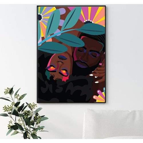 African American Couple Poster Black Woman Man Abstract Illustration Art Prints Flower Canvas Painting Wall Picture Home Decor