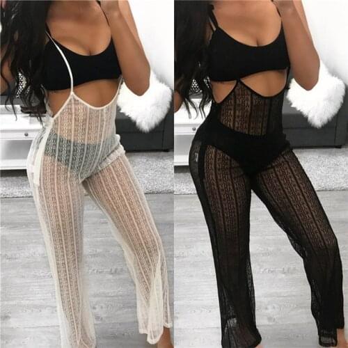 Drop Shipping 2018 Hot Summer Lace Up Bow Tie Spaghetti Sheer Ultra-thin Long Pant Jumpsuit Women See through Mesh Sexy Clubwear