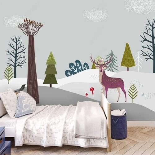 Hand Painted Cartoon Forest Trees Animals Deer Wallpaper Custom Size 3D Photo Mural Baby Kids Bedroom Background Wall Decoration