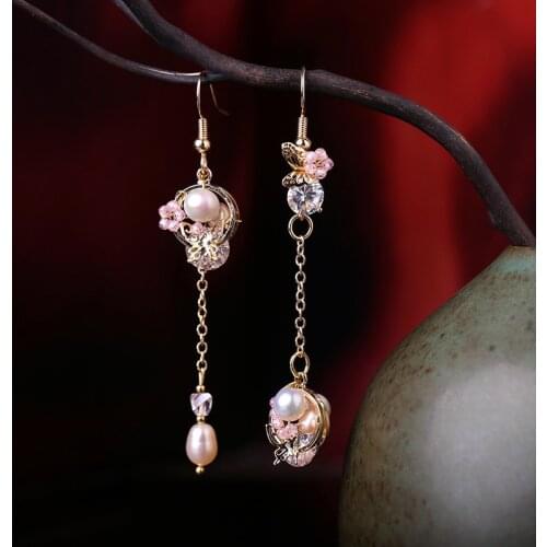 Chinese palace style vintage 925 silver pin pink pearl long tassel earrings for full dress cheongsam Martial arts decoration