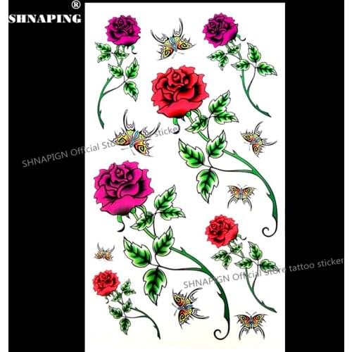 SHNAPIGN Red Purple Rose Butterfly Temporary Body Art Flash Tatoo Sticker 10*17cm Waterproof Henna Fake Car Styling Wall Sticker