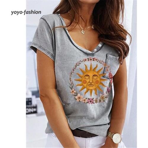 V-Neck Fawn Printing T-Shirt Casual Womens Short-Sleeved T-Shirt Solid Color Bottoming Shirt Female Fashion Clothing S-3Xl