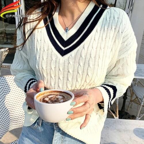New 2020 Autumn Winter Sweater Women V-Neck Striped Women Pullovers Minimalist Oversize Sweater Knitted Elegant Ladies Jumpers