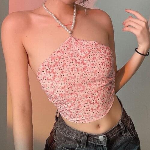 SEASONS Floral Print Pearl Halter Backless Top Summer Lace Up Sleeveless Crop Tops Tees Women Fashion Y2K Camisole ASVE82898