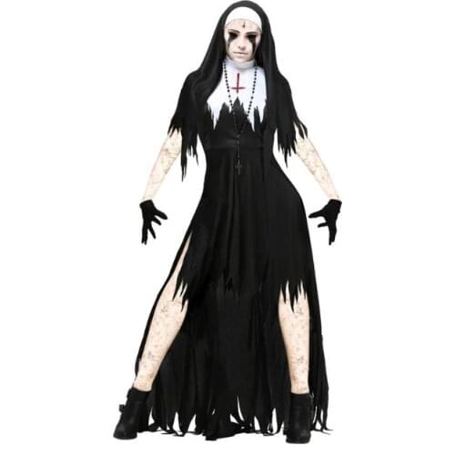 Womens Dreadful Nun Costume Halloween Cosplay Fancy Dress Graveyard Zombie Vampire Witch Costume