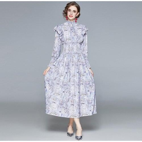 Runway Boho Floral Print Long Sleeve Maxi Dress Women Autumn Stand Collar Ruffles Elastic Waist Elegant Dress Robe Femme