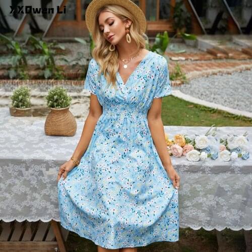 Summer Woman Sexy V-neck Vintage Floral Print Short Sleeve Midi Dress Casual Beach Elegant Dresses Womens Clothing Robe Femme