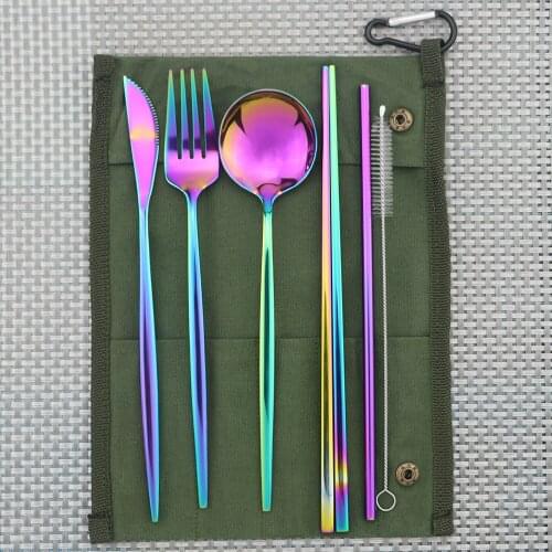7-Piece Colorful Portable Eco-friendly Stainless Steel Travel Cutlery Set Knife Fork Spoon Chopsticks Straws Set Picnic Flatware