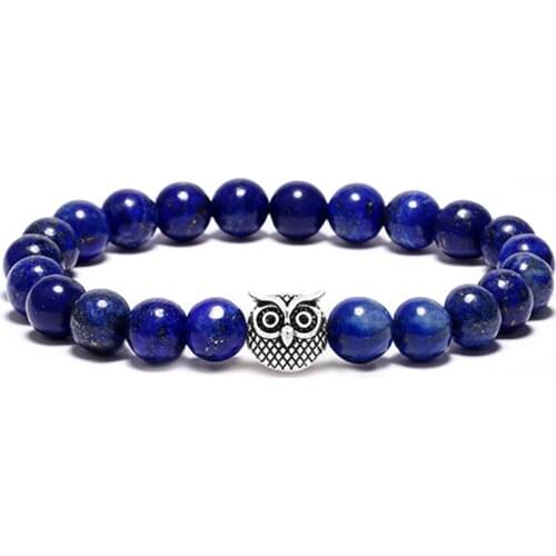 8mm Lapis Lazuli Natural Stone Bracelets Frosted White Owl Yoga Beads Bracelet Healing Balance