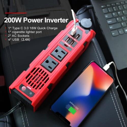 Type C Port Car Adapter Transformer Inversor Converter M7E1 200W 12V/24V Over-temperature Protection Black Power Inverter