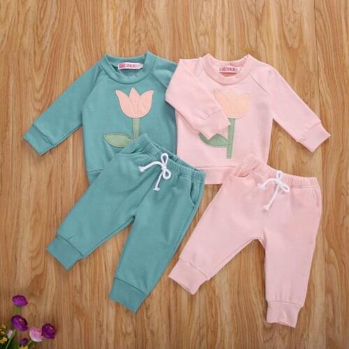 2 Pieces Kids Suit Set Floral Print Round Neck Long Sleeve T-Shirt and Solid Color Trousers for Girls