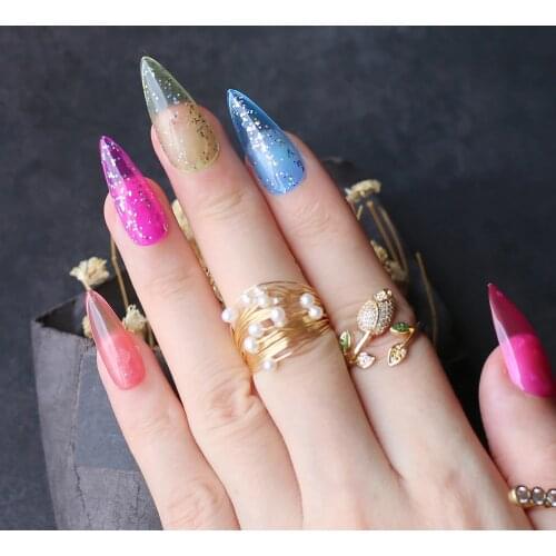 Long stiletto jelly babies nails rainbow fasle nails glitter 24pcs rose blue yellow orange Summer almond nails