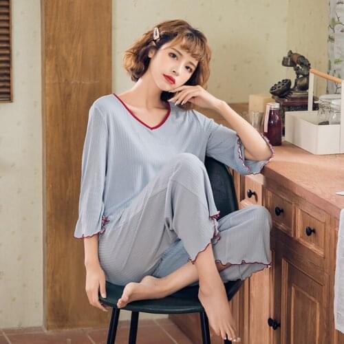 Fdfklak Loose Casual Home Clothing Cotton Pajamas For Women Set V Neck Spring Autumn Sleepwear Pijamas New Pyjama Femme Suit