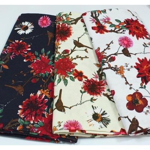 Cotton and linen red flower plum Chinese Hwamei floral printed textile for DIY handwork tablecloth curtains blouse dress fabric