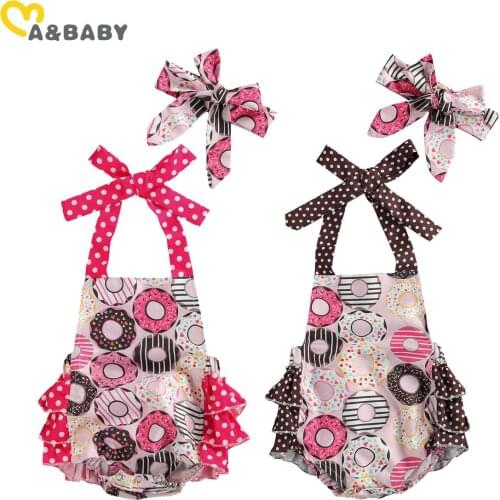 Ma&Baby 0-24M Summer Newborn Infant Baby Girl Romper Cute Donuts Print Jumpsuit Overalls Clothes Bow headband Outfits Costumes
