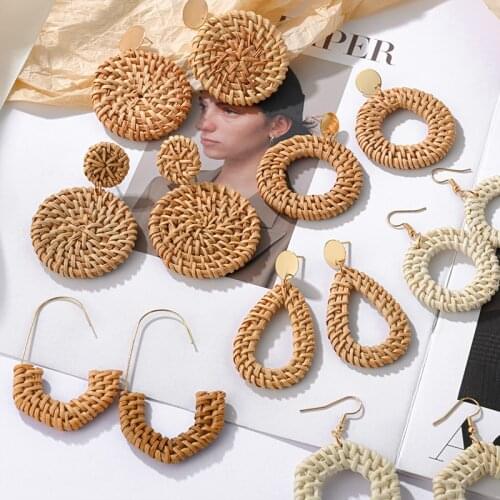 LOVR Handmade Korean Earrings For Women Straw Woven Rattan Vine Braid Drop Unique Geometric Circle Eardrop Party accessories