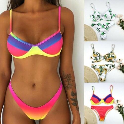 2021 Sexy Womens 2Pcs Bikini Set Rainbow Triangle Padded Swimwear Push Up Split Swimsuit Summer Bathing Suit Brazilian Bikinis