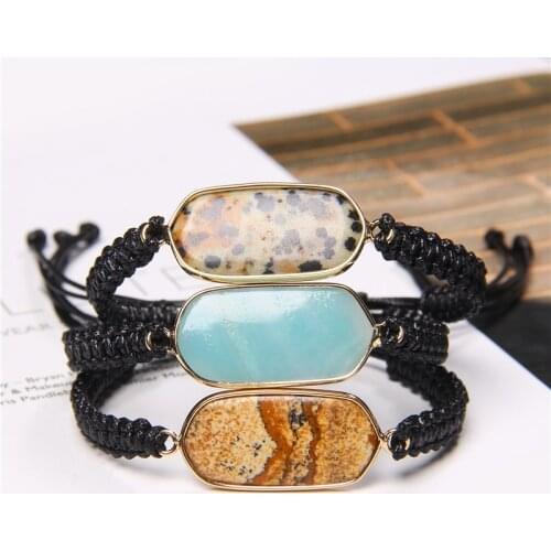 Fashion Retangle Natural Stone Tag Pendant Charm Braided Bracelet Handmade Woven Bracelet Women Men Energy Jewelry Adjustable