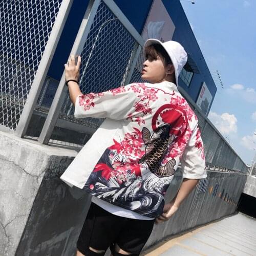 2019 Japanese Kimono Cardigan Men Long Carp Print Floral Kimono Cardigan Men White Summer Japan Kimono Men Jacket