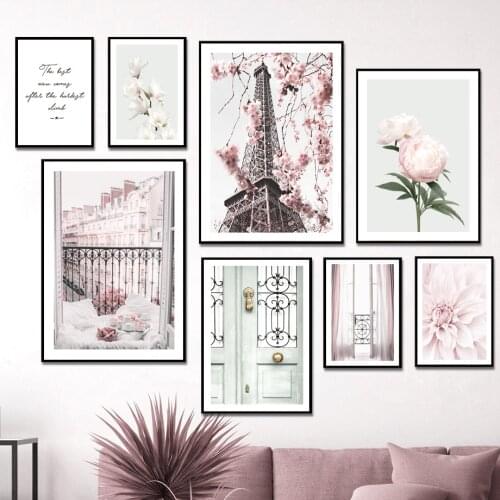 Pink Sakura Rose Eiffel Tower Landscape Wall Art Canvas Painting Nordic Posters And Prints Wall Pictures For Living Room Decor