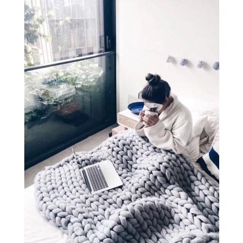 Hand Chunky Knitted Blanket Thick Yarn Merino Wool Polyester Bulky Knitted Blankets Nordic Winter Soft Warm for beds Sofa cover