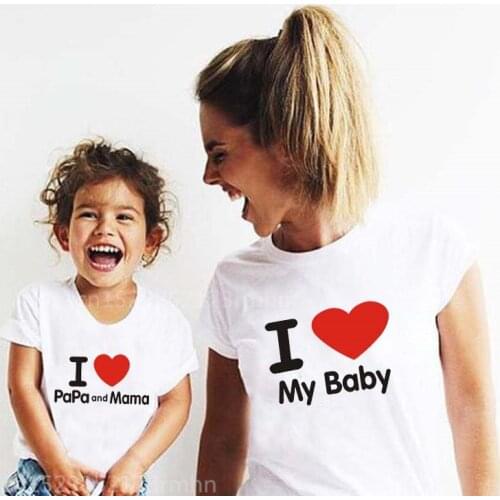 I Love Papa and Mama Baby Print Father Mother Kids Family Matching Clothes Summer Casual Short Sleeve White Tshirt Family Look