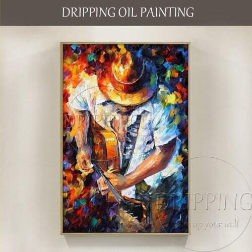 Professional Artist Handmade High Quality Modern Wall Art Cowboy Oil Painting Textured Knife Cowboy Playing Guitar Oil Painting