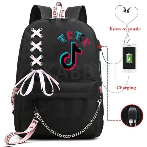 TIK TOK USB Backpack Women Men Large Capacity School Bags with Crossed Ribbon For Teenagers Travel Laptop Mochilas