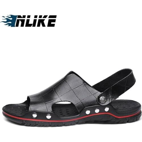 Genuine Leather Mens Sandals Leather Beach Shoes Slippers Mens Sandals Big Size