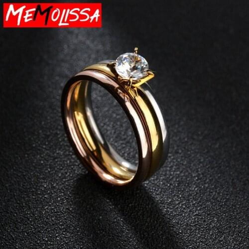 Crystal Rhinestones Rose Gold Ring Set Stainless Steel Womens Rings Wedding Anniversary Gift Party Dress Jewellry