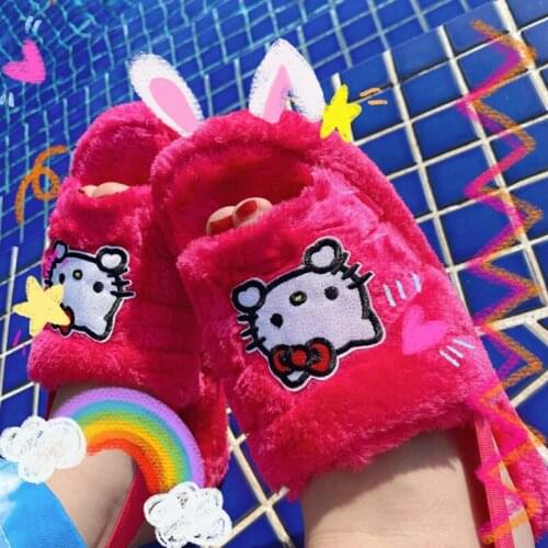 Y2K KT Slippers Women House Slippers Fur Warm Shoes Woman Slip on Flats Female Slides Cozy Furry Winter Spring Slippers