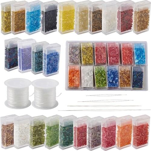 1 Set Tube Glass Bugle Beads,Stainless Steel Big Eye Beading Needles,Elastic Fibre Wire DIY Jewelry for DIY making