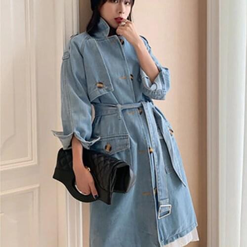 Spring Vintage Plus Size Korean Long Jean Coat Women With Belt High Street Loose Casual Autumn Denim Trench Coat Outerwear S-2XL
