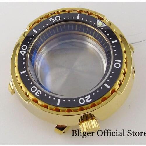 Yellow Gold Coated Steel 47mm Automatic Watch Case fit NH35A Movement Rotating Bezel Insert 20ATM Waterproof Sapphire Crystal