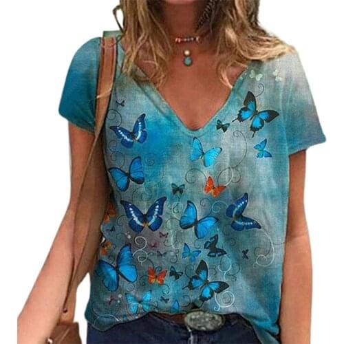 Summer Women T-shirt Butterfly Short Sleeve Floral V Neck Loose T shirts Tee Top for Femme