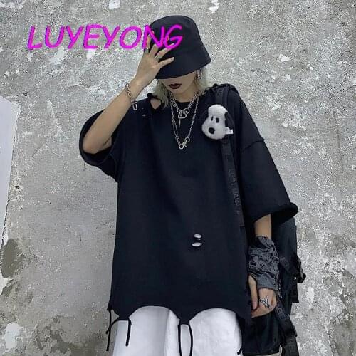 Lady Hipster Hole Split Ripped O Neck Gothic Streetwear Black White Cotton Top Hollow Out Hip-hop Women Irregular T Shirt 2021