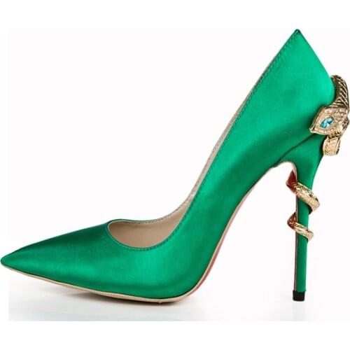 Womens Satin Silk Pointy Toe Stilettos High Heel Gold Snake Decor Pumps Sexy Shoes 6Colors Plus Size New 2021