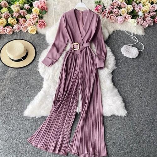 Autumn Women Formal Jumpsuits Long Sleeves Solid Romper Waistband V-neck Jumpsuits Urban Ladies Loose Leg Pants Suits Overalls