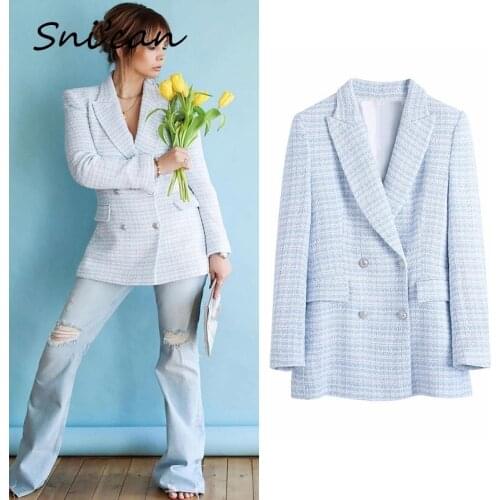Snican Light Blue Plaid Tweed Veste Femme Double Breasted Uniform Office Ladies Jacket Coat Za 2021 Women Chaquetas De Mujer New