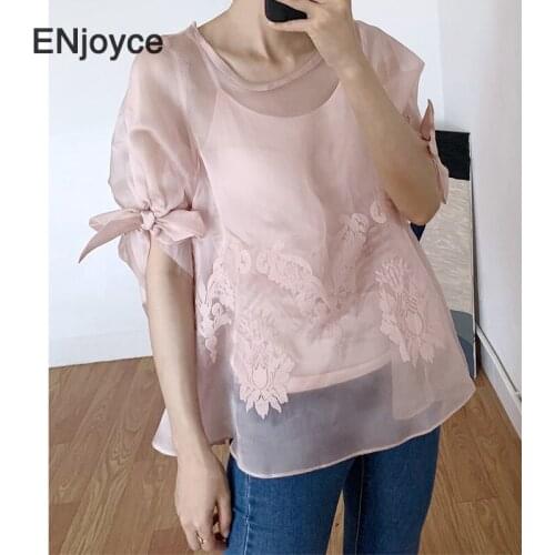 Vintage Elegant Organza embroidered Shirt and Inner Tank Top Two Pieces Set Ladies Bow Short Sleeve Casual Loose Tops Summer
