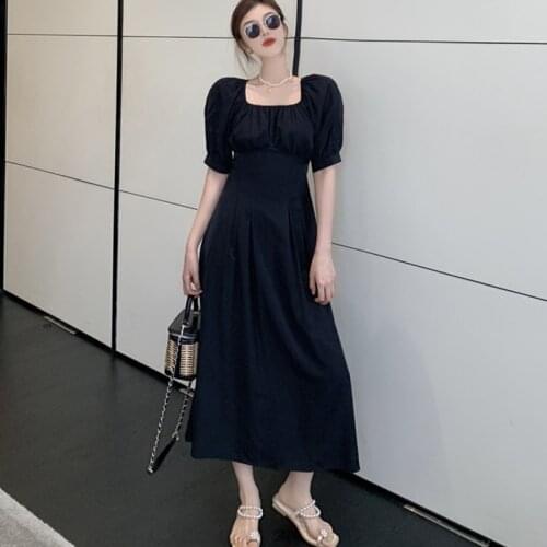 Fashion Summer Korean Retro Puff Sleeve Maxi Party Dress Ladies Elegant Robe Casual Square Collar Backless Beach Vacation Dress